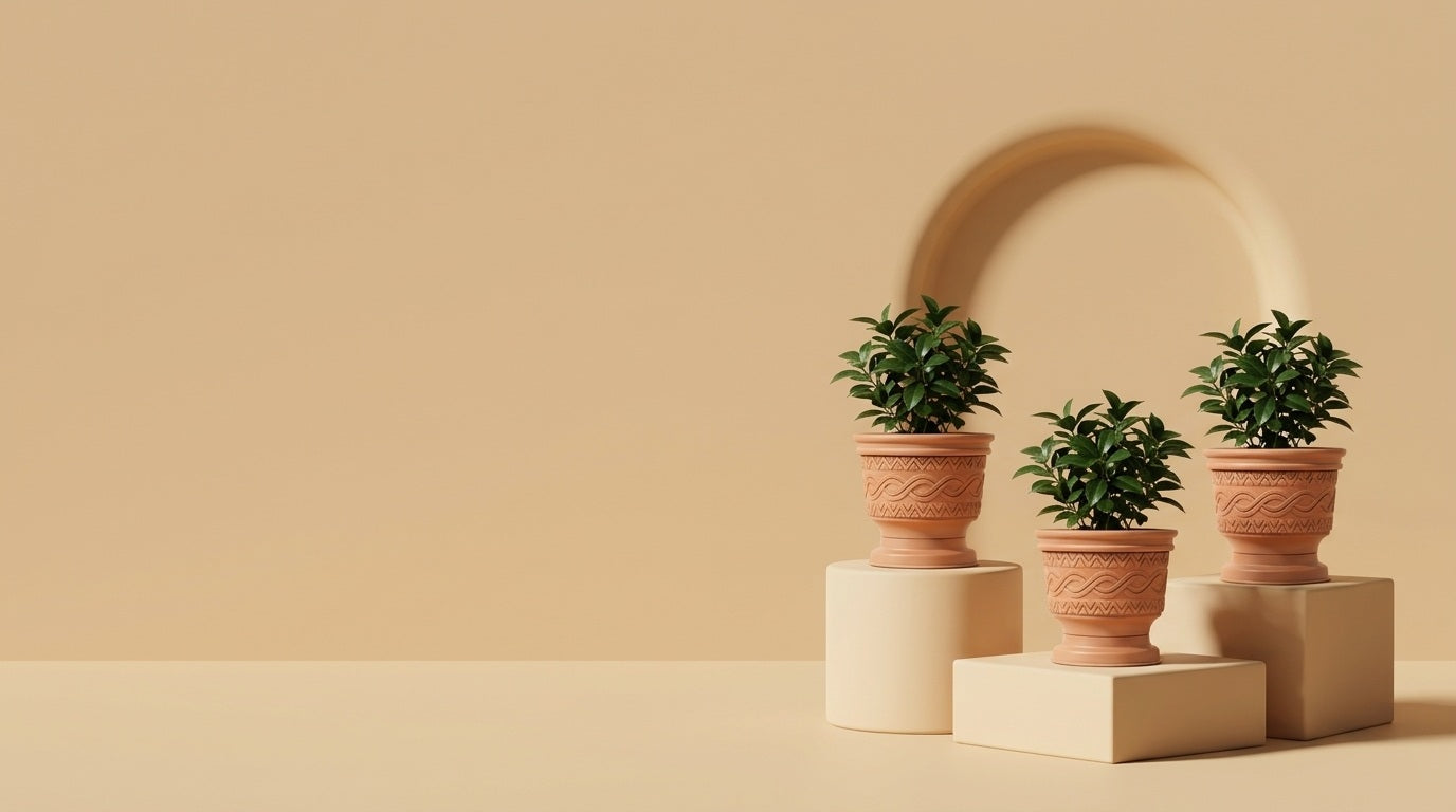 Tres macetas Azteca con plantas sobre fondo arena