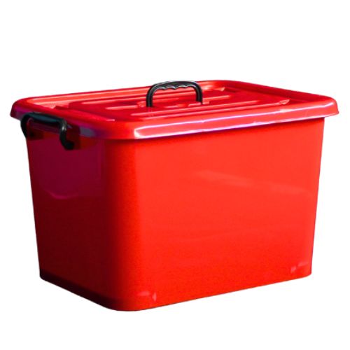 Caja de plástico con asa, ruedas y grapas de seguridad, NARA 57 litros.